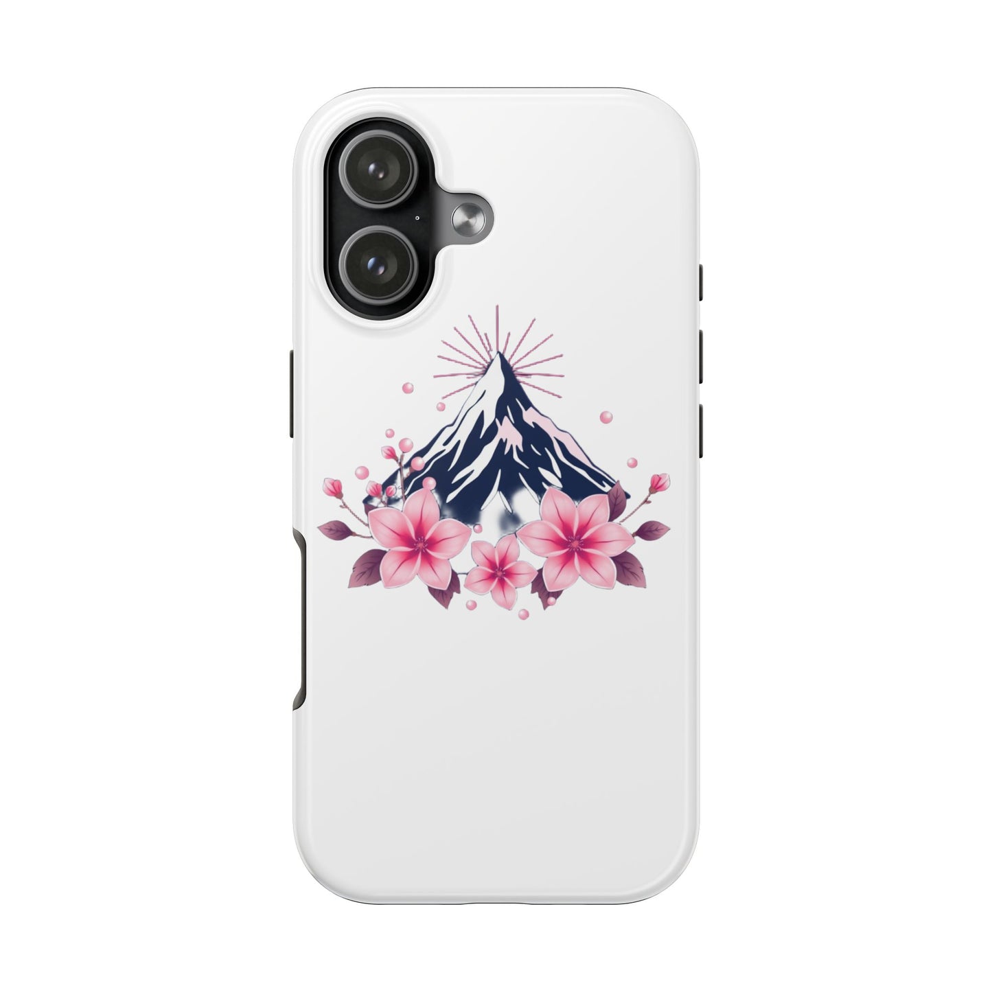 Stylish Tough Phone Case with Mountain and Floral Design, Durable Protection, Gift for Nature Lovers, Birthday, Everyday Use, Floral Art